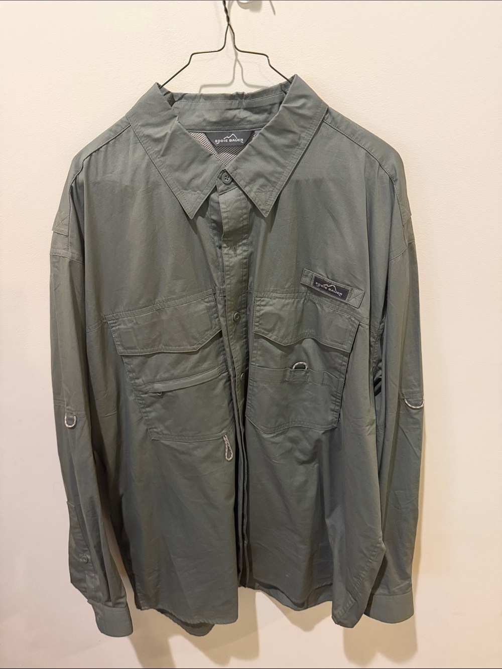 Eddie Bauer Olive Green Casual Button-Down Utility Shirt